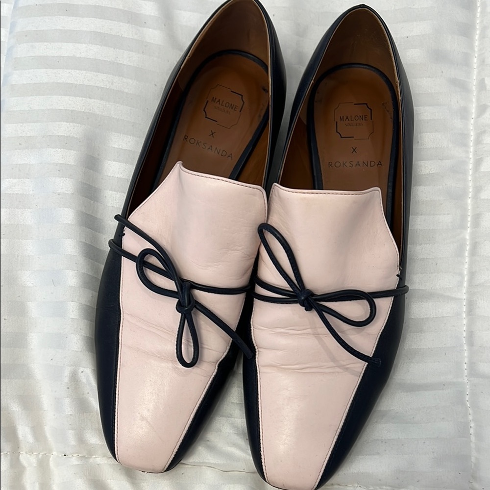 Malone Souliers Pink and Black Loafers with Bow Detail